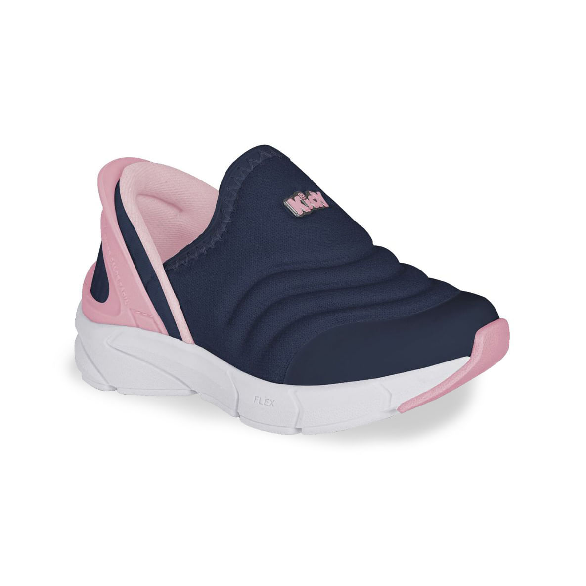 Tênis slip-on infantil Kidy azul marinho com detalhes rosa e solado branco flexível